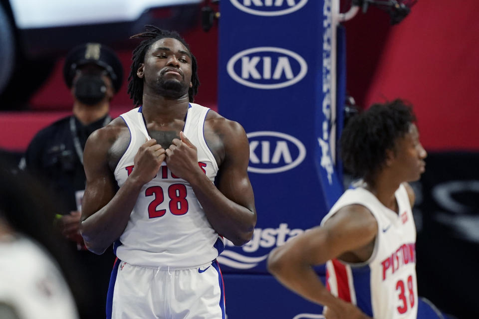 Detroit Pistons center Isaiah Stewart (28) stands as he hears his ejection called out by the referees during the first half of an NBA basketball game against the Brooklyn Nets, Friday, March 26, 2021, in Detroit. (AP Photo/Carlos Osorio)