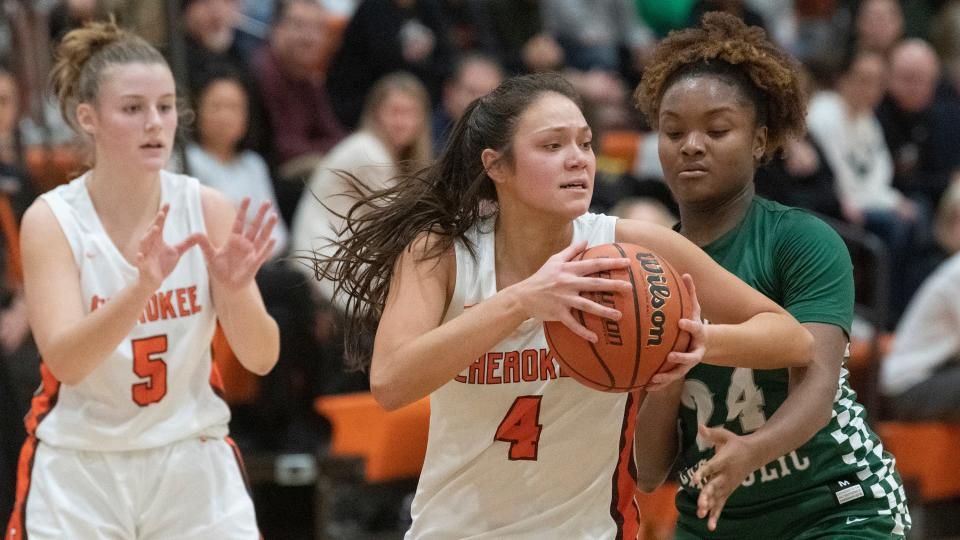 Cherokee's Gabby Recinto grabs a loose ball during the girls basketball game between Cherokee and Camden Catholic played at Cherokee High School on Tuesday, January 24, 2023.