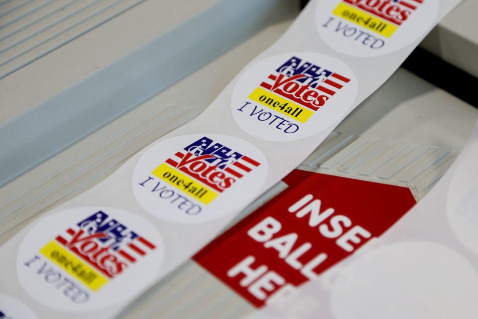 Voting stickers are seen during the New Hampshire primary at Hampton Academy on Tuesday, Sept. 13, 2022 in Hampton.