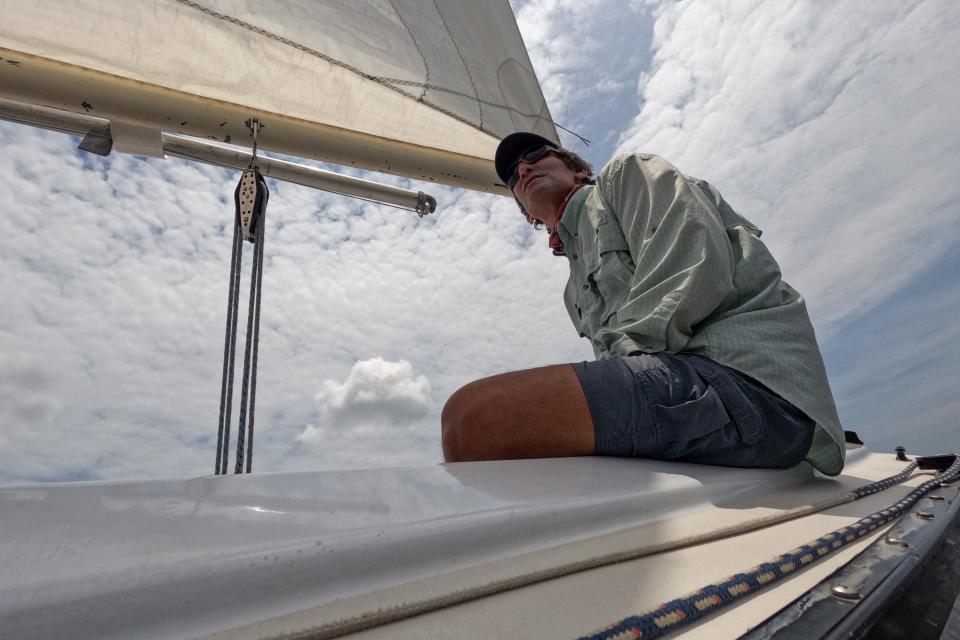 Pete Hansen, of Jensen Beach, races a sailing boat with a group, formally known as Sonar Fleet 36 Stuart, on the St. Lucie River on Saturday, June 25, 2022, in Stuart. “We race every week when the weather is decent. I’m just out here to enjoy the water, the wind, and the weather in South Florida,” said Hansen.