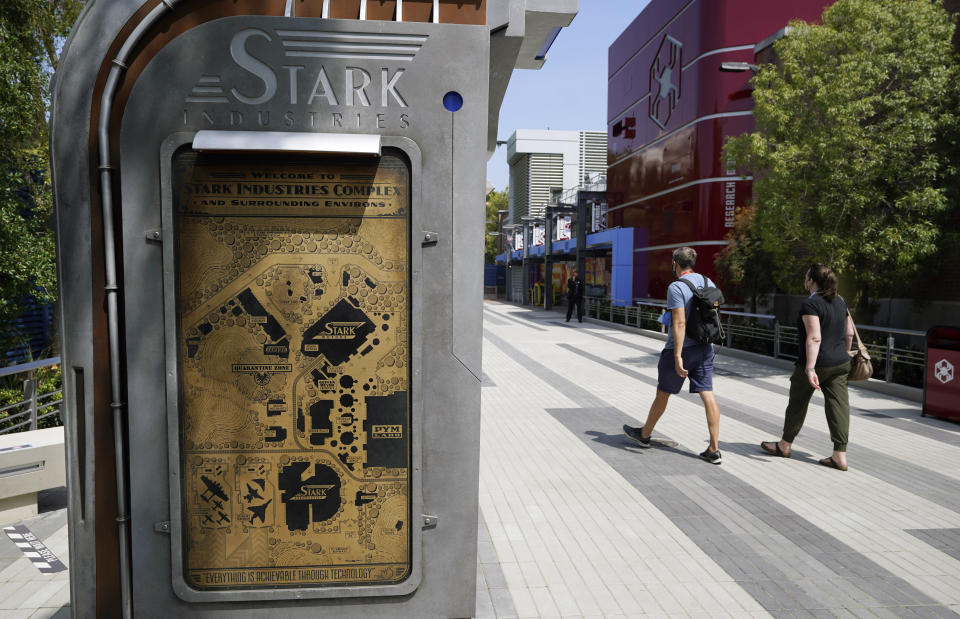 A map of the Avengers Campus appears during a media preview at Disney's California Adventure Park on Wednesday, June 2, 2021, in Anaheim, Calif. (AP Photo/Chris Pizzello)