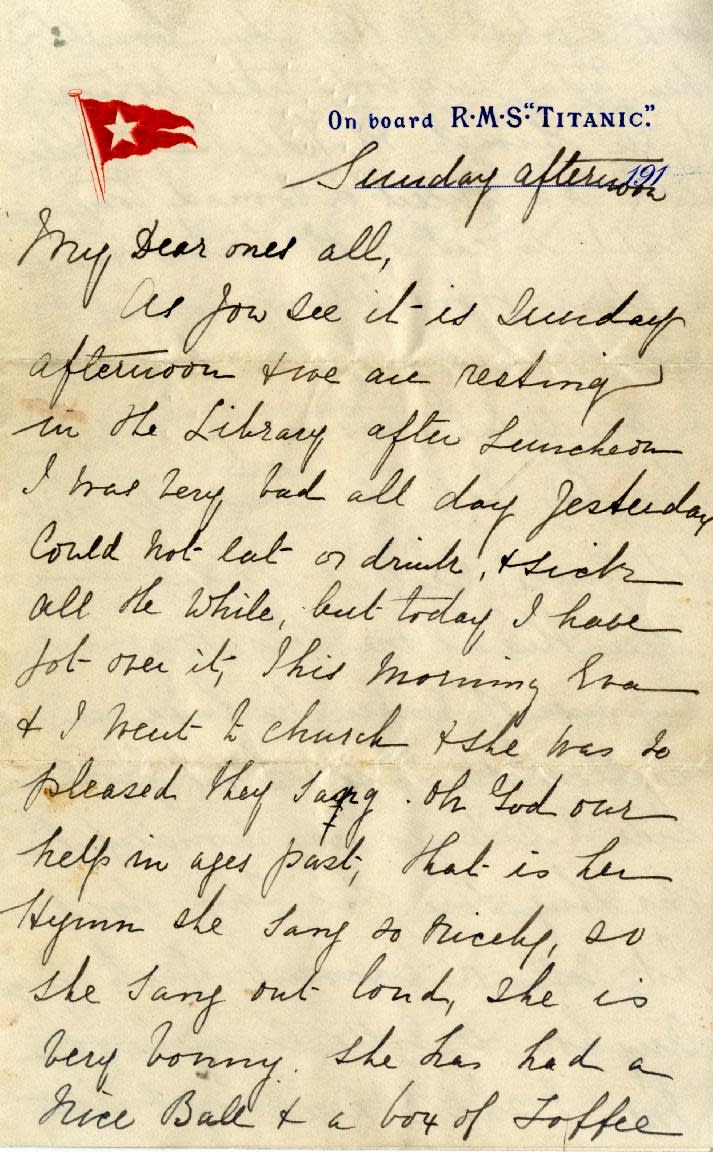 In this undated image released by Henry Aldridge And Son Autioneers, Saturday April 26, 2014, showing part of a letter written by Esther Hart and her seven-year-old daughter Eva as they sailed aboard RMS Titanic in April 1912, shortly before the ship struck an iceberg and sank in the North Atlantic Ocean with 15,00 souls. Hart survived, and so did the letter she wrote because her husband put the letter inside the pocket of his coat which he gave to his wife to keep warm, giving exquisite details about the voyage aboard the ill-fated Titanic. The handwritten letter is expected to sell for up to 100,000 pounds ($168,000) at Henry Aldridge & Son of Devizes, England, on Saturday. (AP PHOTO /Henry Aldridge And Son Autioneers)