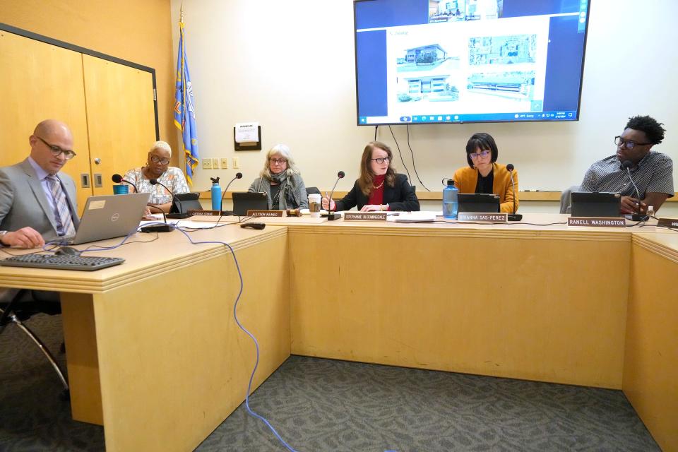 Members of the city Plan Commission, including (from left) Department of City Development staffer Sam Leichtling, Catrina Crane, vice chair Allyson Nemec, plan commission chair Stephanie Bloomingdale, Brianna Sas-Perez, and Ranell Washington vote Monday during a commission meeting, at which several people voiced opposition against plans by the for-profit Arizona College of Nursing to open a new location in Milwaukee.