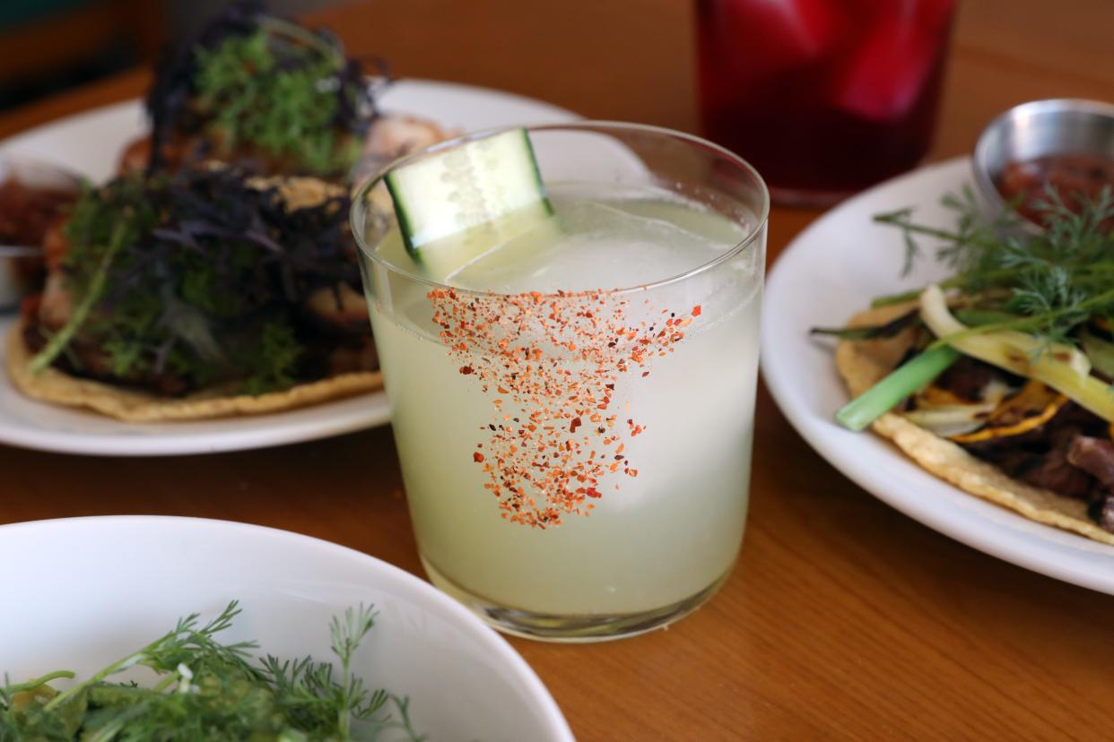 The signature margarita with Casamigos Blanco Tequila, thyme syrup, jalape–o, cucumber and a chile rim, at Mariachi Mexico, a farm-to-table Mexican restaurant in Armonk, Dec. 14, 2023.