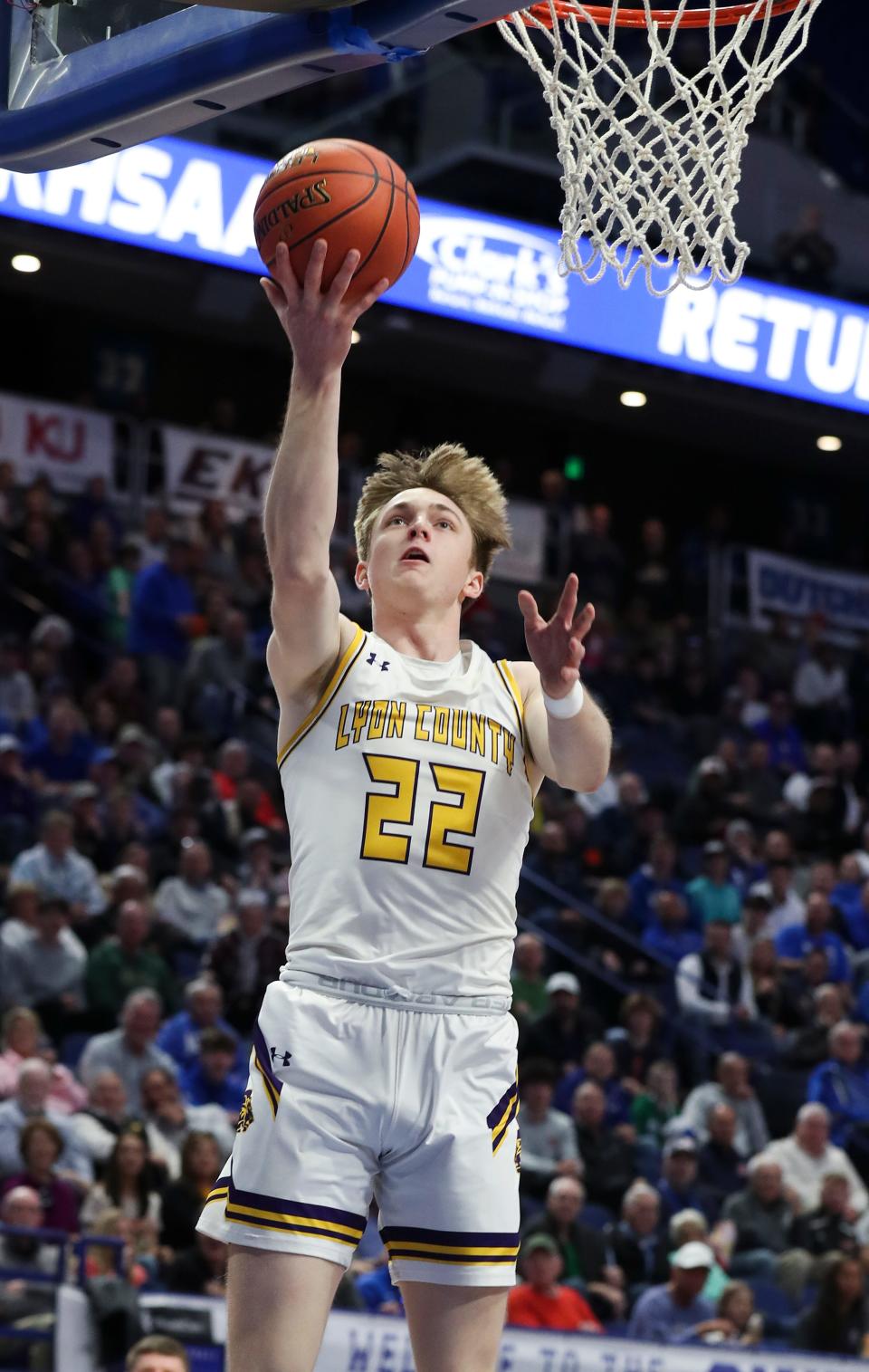 Lyon County’s Brady Shoulders (22) hits a layup against Newport during the Sweet 16 tournament at Rupp Arena in Lexington, Ky. on Mar. 16, 2023.  