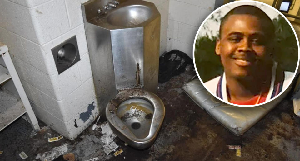 Lashawn Thompson's filthy prison cell shows a toilet and mattress with rubbish on the ground.