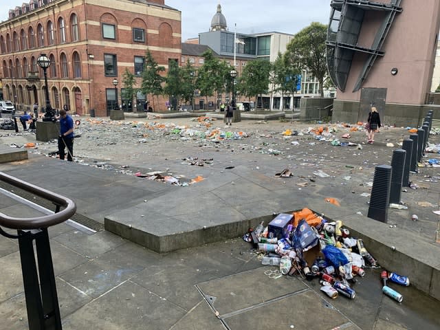 Litter in Millennium Square in Leeds after celebrations by fans whose football club won the Championship title and a return to the Premier League