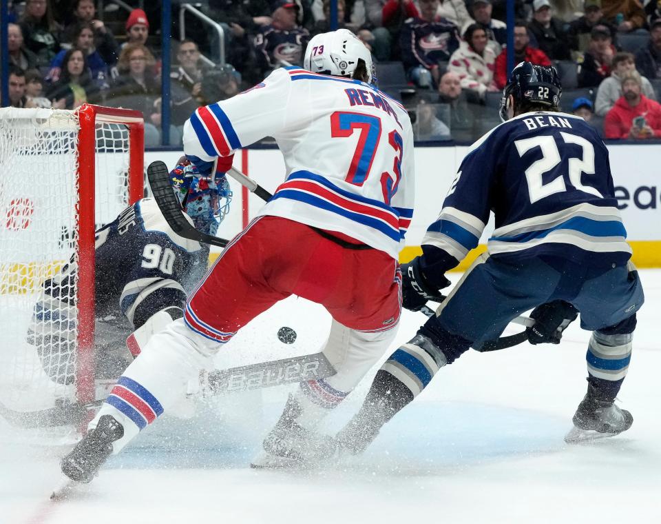 Feb. 25, 2024; Columbus, Ohio, USA; 
Columbus Blue Jackets goaltender Elvis Merzlikins (90) couldnÕt stop a shot by New York Rangers center Adam Edstrom (84) during the second period of an NHL game at Nationwide Arena on Sunday.