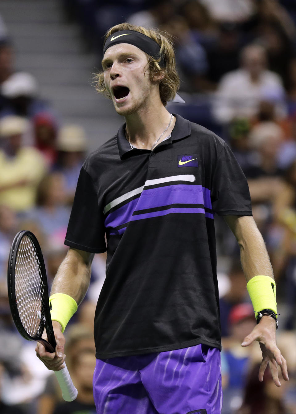 Andrey Rublev, of Russia, reacts against Nick Kyrgios, of Australia, during the third round of the U.S. Open tennis tournament Saturday, Aug. 31, 2019, in New York. (AP Photo/Adam Hunger)