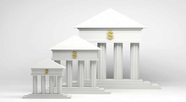 3d render illustration of bank symbols of various size. Earnings reports soon.