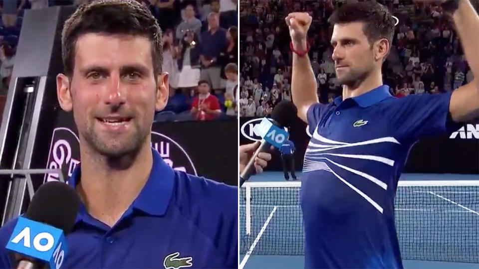 Djokovic had a funny message for Nishikori. Image: WWOS