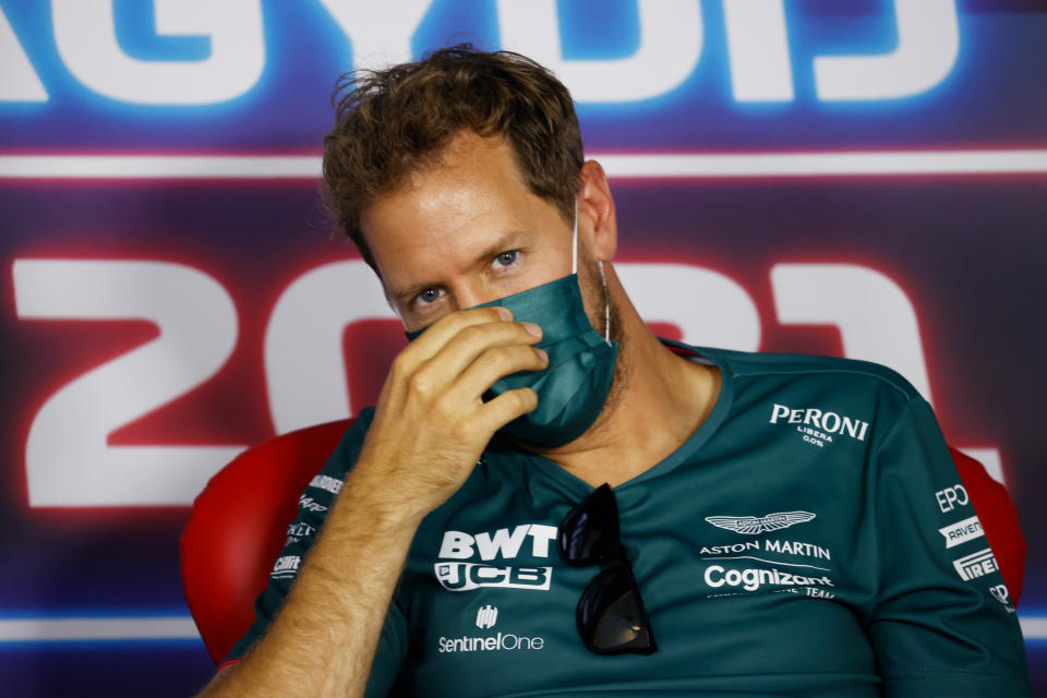 BUDAPEST, HUNGARY - JULY 29: Sebastian Vettel of Germany and Aston Martin F1 Team talks in the Drivers Press Conference during previews ahead of the F1 Grand Prix of Hungary at Hungaroring on July 29, 2021 in Budapest, Hungary. (Photo by Florion Goga - Pool/Getty Images)