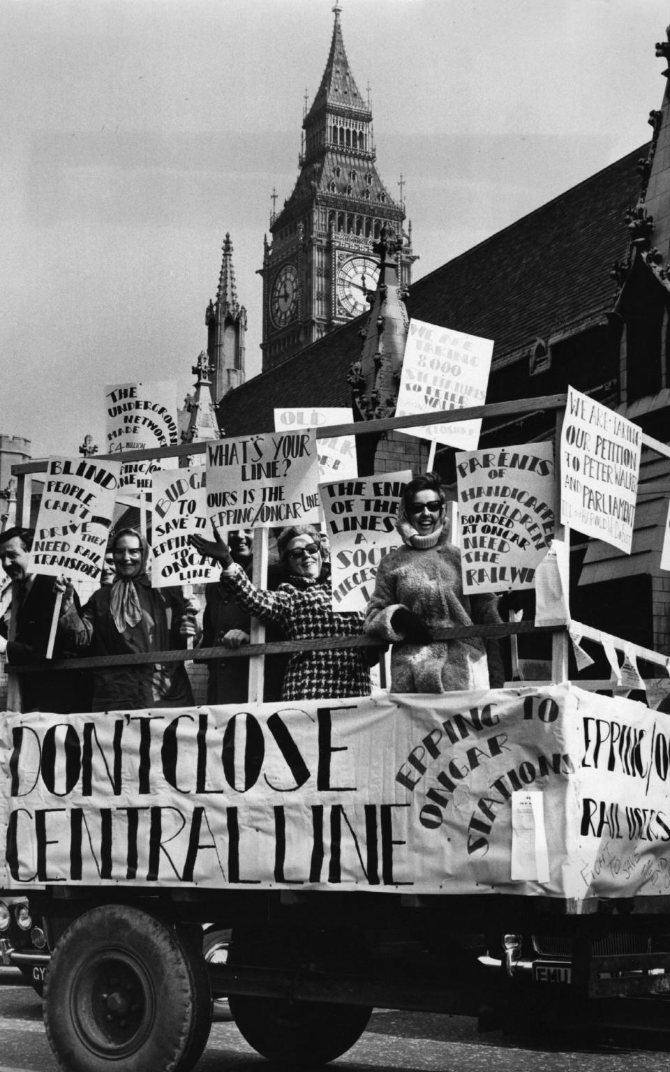 A 1972 protest against the proposed closure of the Central London Underground line from Epping to Ongar, outside the Houses of Parliament in London