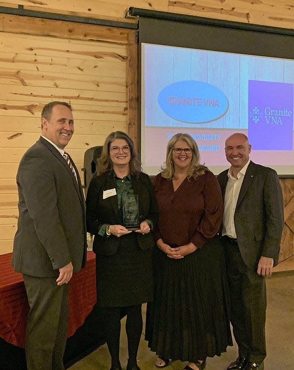 Granite VNA was recently honored with Granite State Independent Living’s 2023 Community Partner award for their dedicated service to patients and families within the community. Pictured from left: Michael Goodwin, GSIL vice president of strategy and development; Julie Stone, Granite VNA vice president of strategy; Deborah Ritcey, GSIL president and CEO; and Scott Spradling, Spradling Group