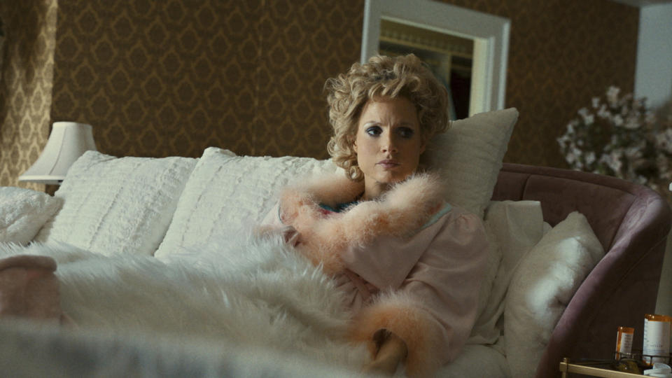 This image released by Searchlight Pictures shows Jessica Chastain as Tammy Faye Bakker in a scene from "The Eyes of Tammy Faye." (Searchlight Pictures via AP)