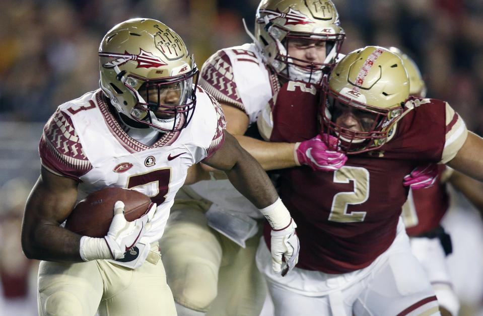 A Florida State player attempts to block Boston College defensive end Zach Allen (2) during their game on Oct. 27. (AP)