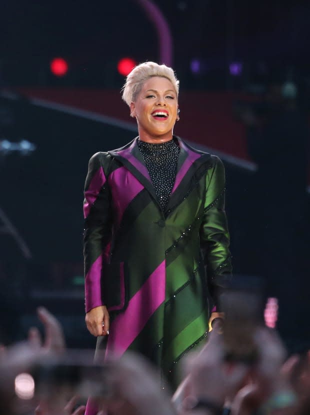 Pink performs on stage at Wembley Stadium on June 29, 2019 in London.<p><a href="https://www.gettyimages.com/detail/1159105308" rel="nofollow noopener" target="_blank" data-ylk="slk:Chiaki Nozu/Getty Images;elm:context_link;itc:0;sec:content-canvas" class="link ">Chiaki Nozu/Getty Images</a></p>