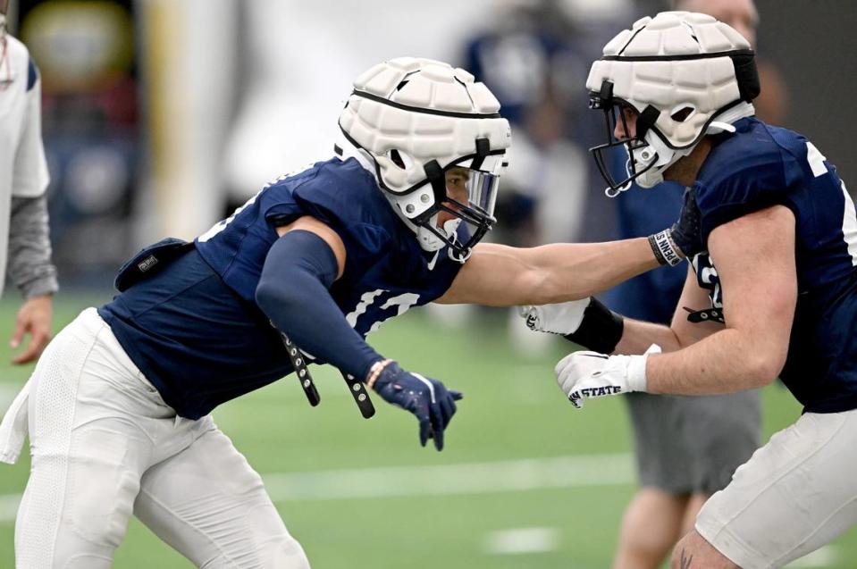 Penn State linebacker Tony Rojas runs a drill during a spring practice on Tuesday, March 28, 2023.