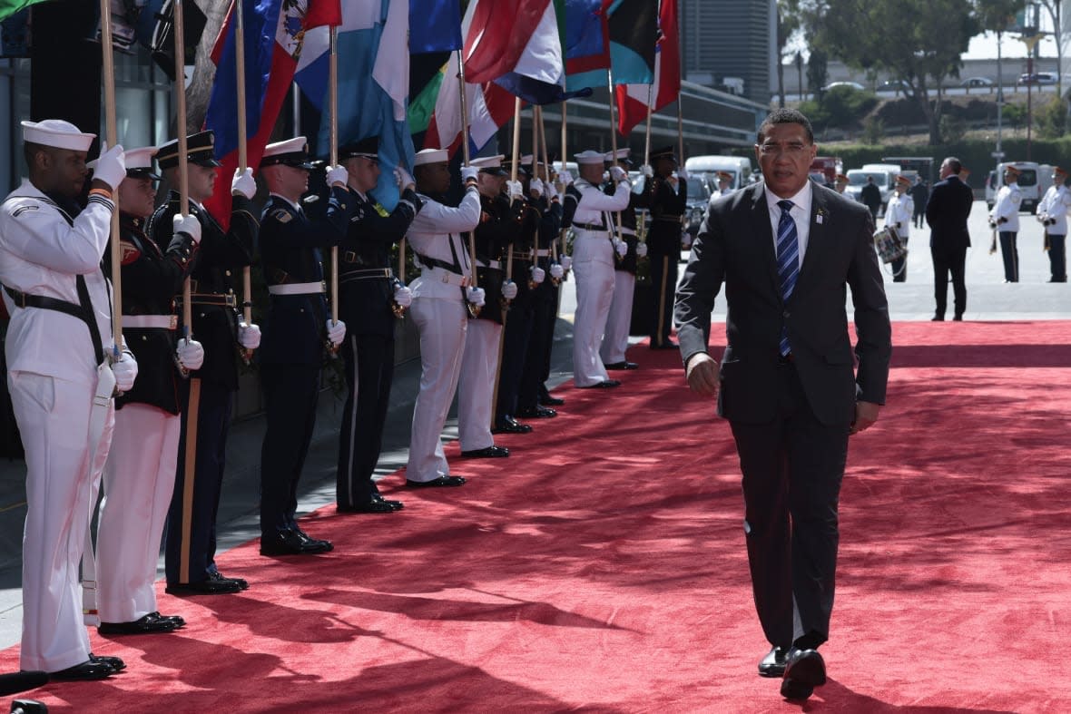 LOS ANGELES, CALIFORNIA – JUNE 08: Prime Minister Andrew Holness of Jamaica arrives to the Microsoft Theater for the opening ceremonies of the IX Summit of the Americas on June 08, 2022 in Los Angeles, California. (Photo by Anna Moneymaker/Getty Images)