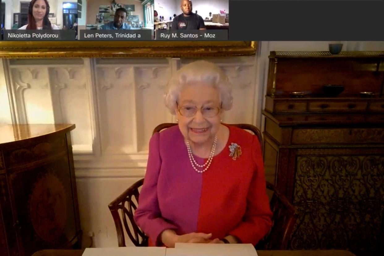 <p>The Queen in a video call to Commonwealth Points of Light award winners</p> (PA)