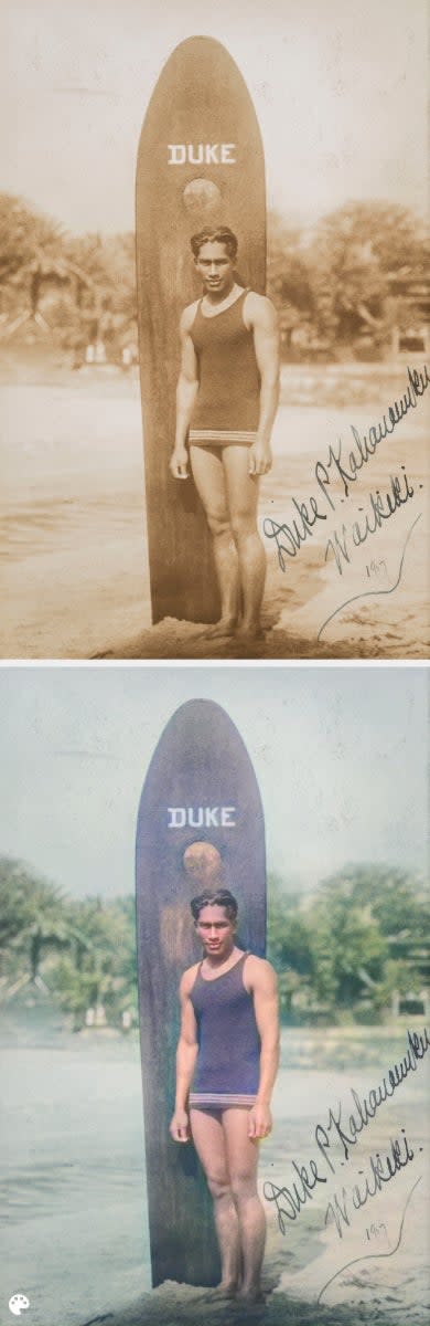 Top image: Duke Kahanamoku stands next to a surfboard labeled 
