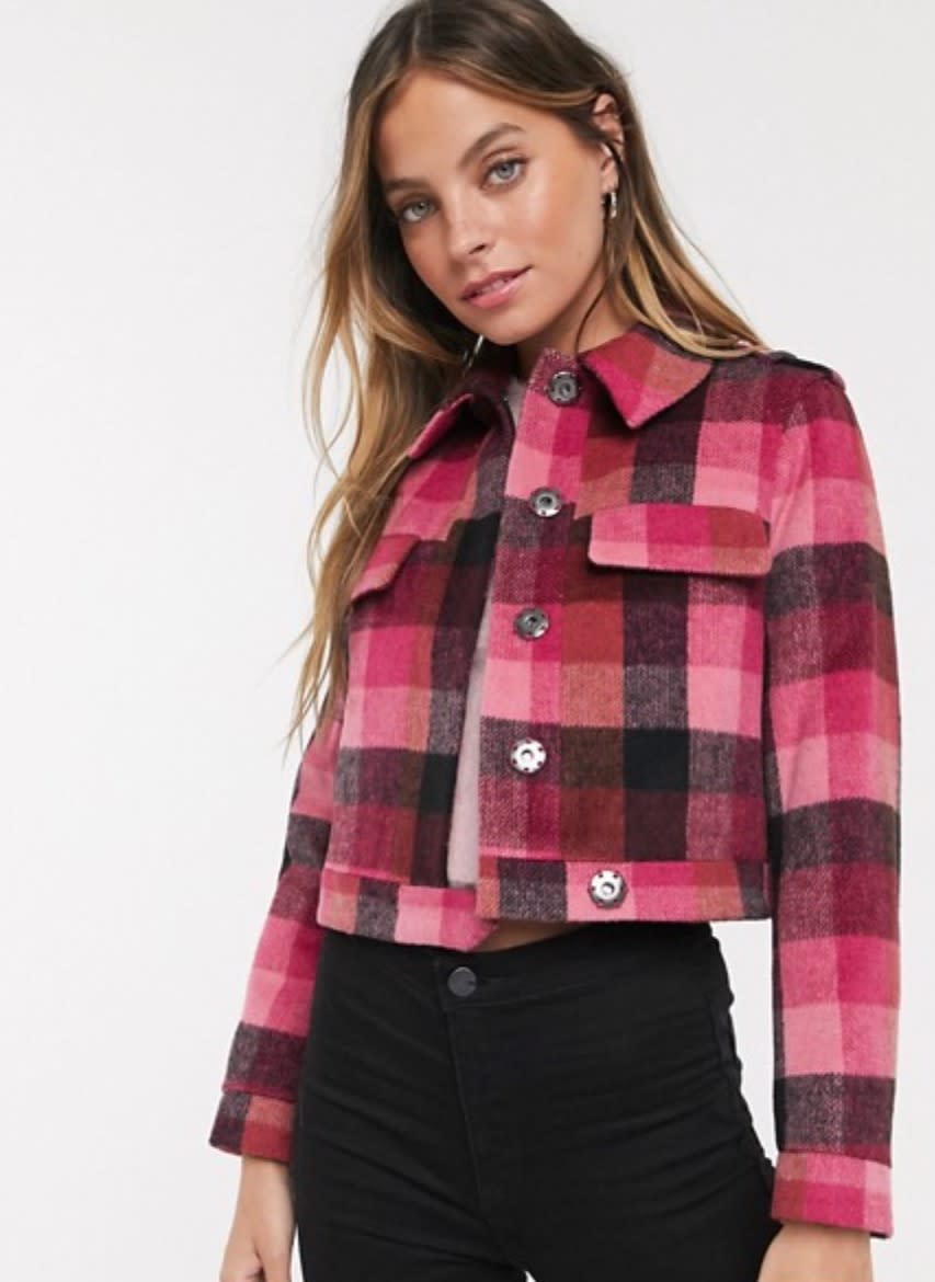 Miss Selfridge Petite trucker jacket in pink check (photo via ASOS)