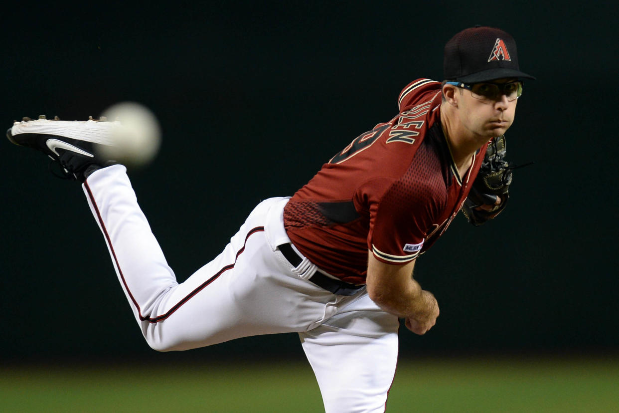 Sep 4, 2019; Phoenix, AZ, USA; Arizona Diamondbacks starting pitcher Zac Gallen (59) pitches against the San Diego Padres during the first inning at Chase Field. Mandatory Credit: Joe Camporeale-USA TODAY Sports