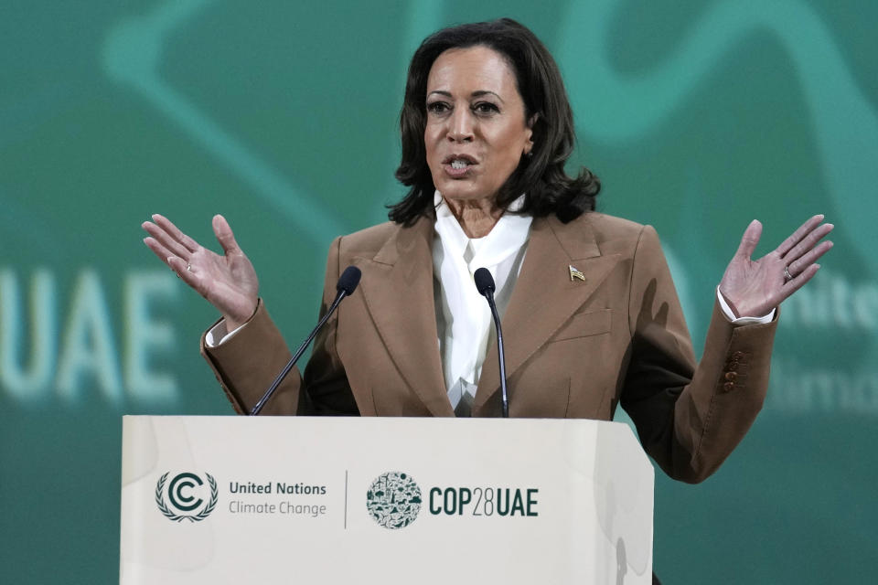 ARCHIVO - La vicepresidenta Kamala Harris ofrece un discurso durante la Cumbre Climática de la ONU COP28, el sábado 2 de diciembre de 2023, en Dubái, Emiratos Árabes Unidos. (AP Foto/Kamran Jebreili, archivo)