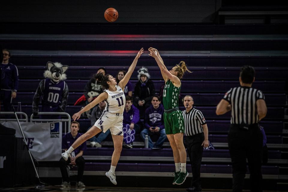 Brooke Pikiell, left, during a women's basketball game for Northwestern.