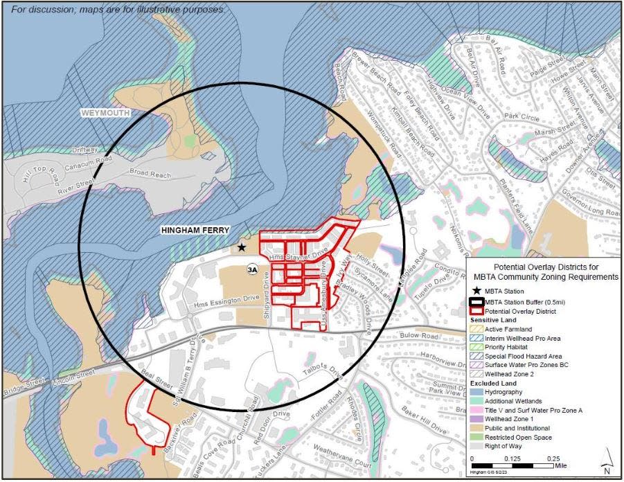 This map shows two areas where the town of Hingham designated as MBTA multifamily housing zoning overlay districts, outlined in red, on a portion of Hingham Shipyard and at 360 Beal Street.