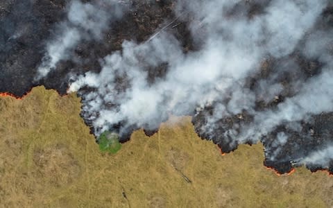 An aerial view shows smoke rising over a deforested plot of the Amazon jungle in Porto Velho, Rondonia State, Brazil, in this August 24, 2019 - Credit: UESLEI MARCELINO/REUTERS