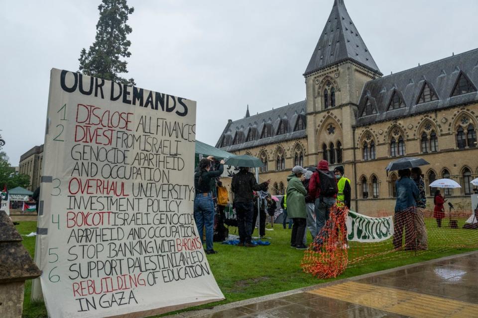 Poster lists the demands of students protesters at a pro-Palestine encampment at Oxford University (Getty)
