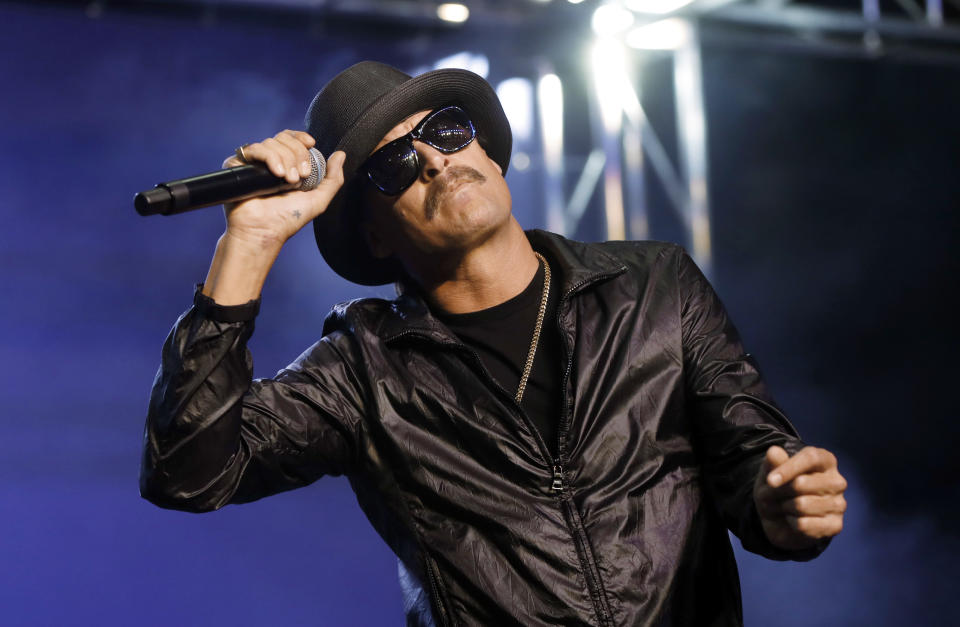 FILE - In this Wednesday, Oct. 17, 2018 file photo, Kid Rock performs in Pontiac, Mich. On Friday, Feb. 23, 2024, The Associated Press reported on stories circulating online incorrectly claiming Performers Kid Rock and Jason Aldean removed all New York shows from their “You Can’t Cancel America” tour in support of former President Donald Trump. (AP Photo/Paul Sancya)