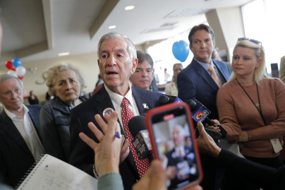 Louisiana's Republican gubernatorial candidate Eddie Rispone talks to media on a campaign stop at New Orleans International Airport in Kenner, La., Monday, Nov. 4, 2019. Rispone says a radio ad linking him and President Donald Trump to former Ku Klux Klan leader David Duke is "disgusting." Rispone is blaming Democratic incumbent John Bel Edwards for the advertising by the New Orleans-based Black Organization for Leadership Development. There's no evidence Edwards is connected to the effort. (AP Photo/Gerald Herbert)