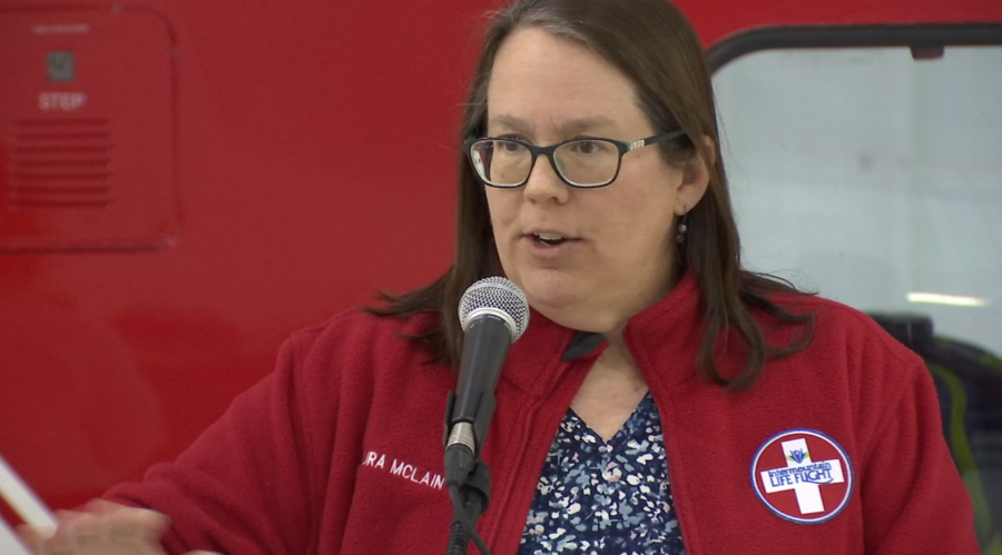 Dr. Laura McLain, a veterinarian who helped develop Intermountain Life Flight’s operational K-9 program, speaks at a news conference on Feb. 20, 2024. She said that a dog’s sense of smell is estimated to be 10,000 times more sensitive than a human’s.