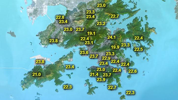 本港地區今日天氣預測多雲，有驟雨及局部地區有雷暴。最高氣溫約24度。吹和緩至清勁東至東北風，離岸間中吹強風。(香港天文台)