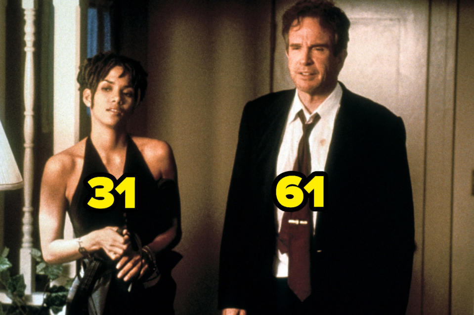 Halle Berry at 31 standing next to Warren Beatty at 61