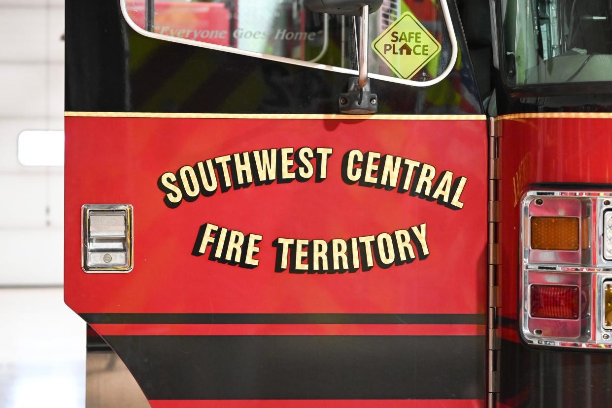 A Southwest Central Fire Territory truck is parked in the bay of Station 42, 19971 Kern Road, South Bend.