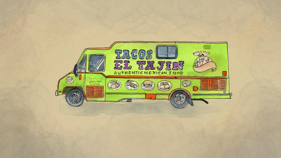 An illustration made from a photo of Tomas Lopez's taco truck. (AP Illustration/Peter Hamlin)