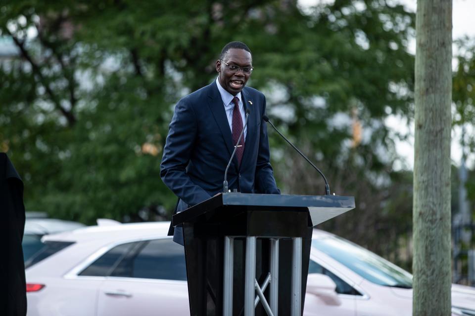 Lt. Gov. Garlin Gilchrist II speaks during the Aretha Franklin Memorial Highway dedication ceremony in Detroit, Monday, Aug. 24, 2020.