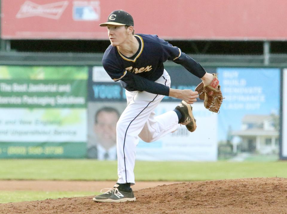 Essex starting pitcher Andrew Goodrich watches his pitch cross the plate during the Hornets 9-0 win over Brattleboro in the D1 Championship game on Monday night at Centennial Field.