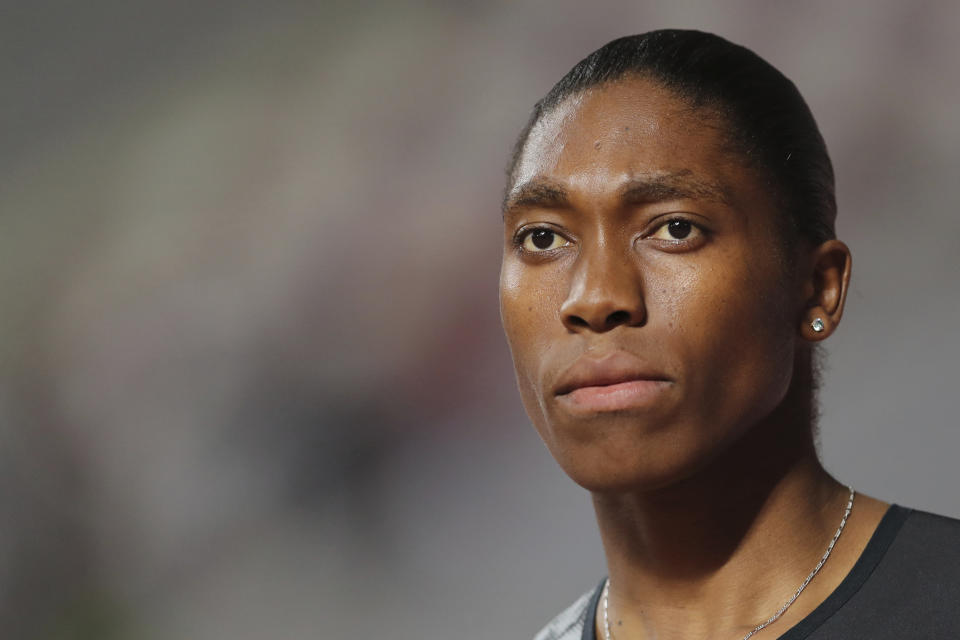 FILE - South Africa's Caster Semenya is shown at the Diamond League athletics event in Doha, Qatar, May 3, 2019. Track and field banned transgender athletes from international competition Thursday, March 23, 2023, while adopting new regulations that could keep Caster Semenya and other athletes with differences in sex development from competing. (AP Photo/Kamran Jebreili, File)