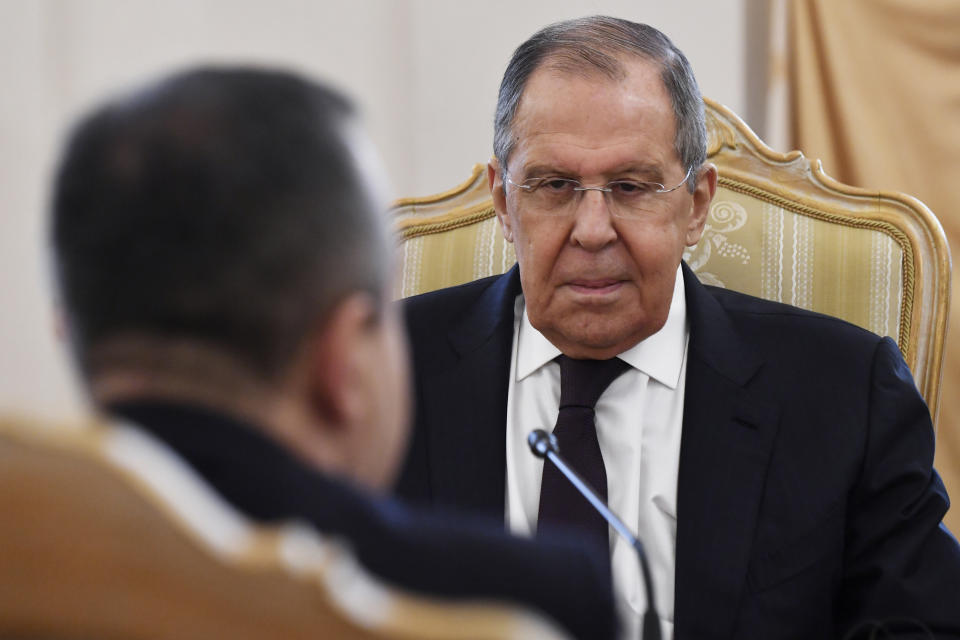 Russian Foreign Minister Sergey Lavrov attends a meeting with his Serbian counterpart Ivica Dacic in Moscow, Russia, Thursday, March 21, 2024. (Olga Maltseva /Pool Photo via AP)