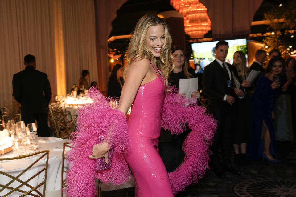 Margot Robbie arrives at the 81st Golden Globe Awards on Sunday, Jan. 7, 2024, at the Beverly Hilton in Beverly Hills, Calif. (AP Photo/Chris Pizzello)