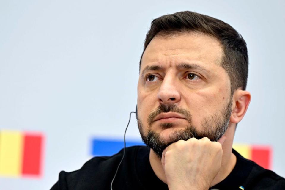 Ukraine president Volodymyr Zelensky pictured during a press conference following a meeting in Brussels on Oct. 11, 2023. (Eric Lalmand / Pool / Photo News via Getty Images)