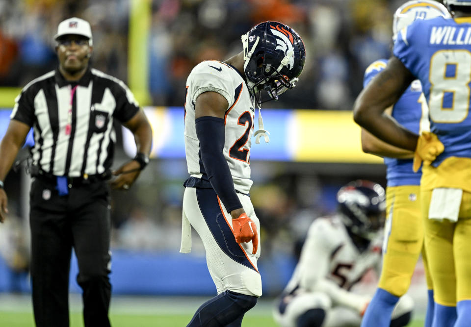 INGLEWOOD , CA - OCTOBER 17: Damarri Mathis (27) of the Denver Broncos hangs his head after being penalized during the fourth quarter of the Los Angeles Chargers 19-16 overtime win at SoFi Stadium in Inglewood, California on Monday, October 17, 2022. (Photo by AAron Ontiveroz/MediaNews Group/The Denver Post via Getty Images)