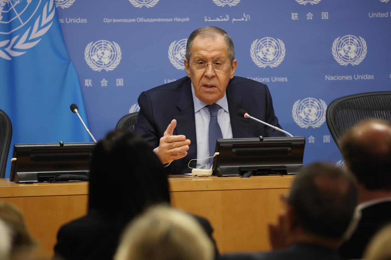 Russian foreign minister Sergei Lavrov speaks to the media at a news conference at the  United Nations headquarters on 25 April 2023 in New York City (Getty Images)