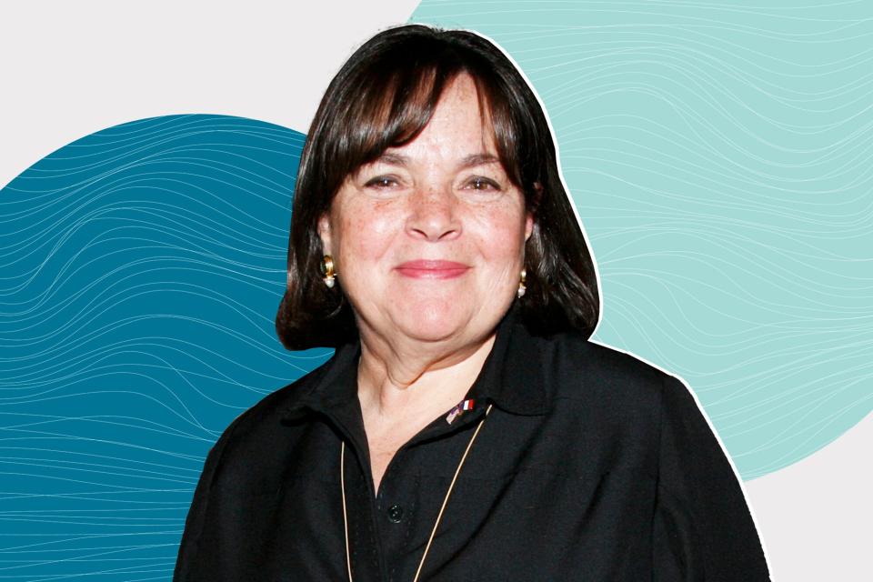 Ina Garten on a designed background