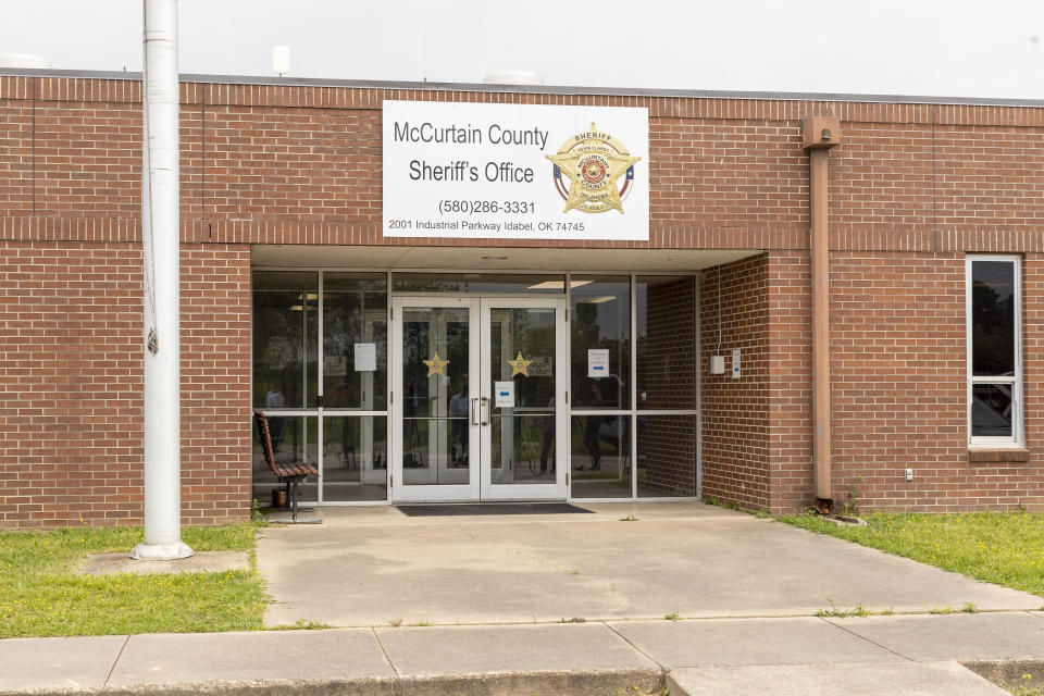 A view of the McCurtain County Sheriff's Office on Thursday, April 20, 2023, in Idabel, Okla. The growing optimism of McCurtain County's tourism boom over the last two decades took a gut punch last week when the local newspaper identified several county officials, including the sheriff and a county commissioner, who were caught on tape discussing killing journalists and lynching Black people. (AP Photo/Alonzo Adams)