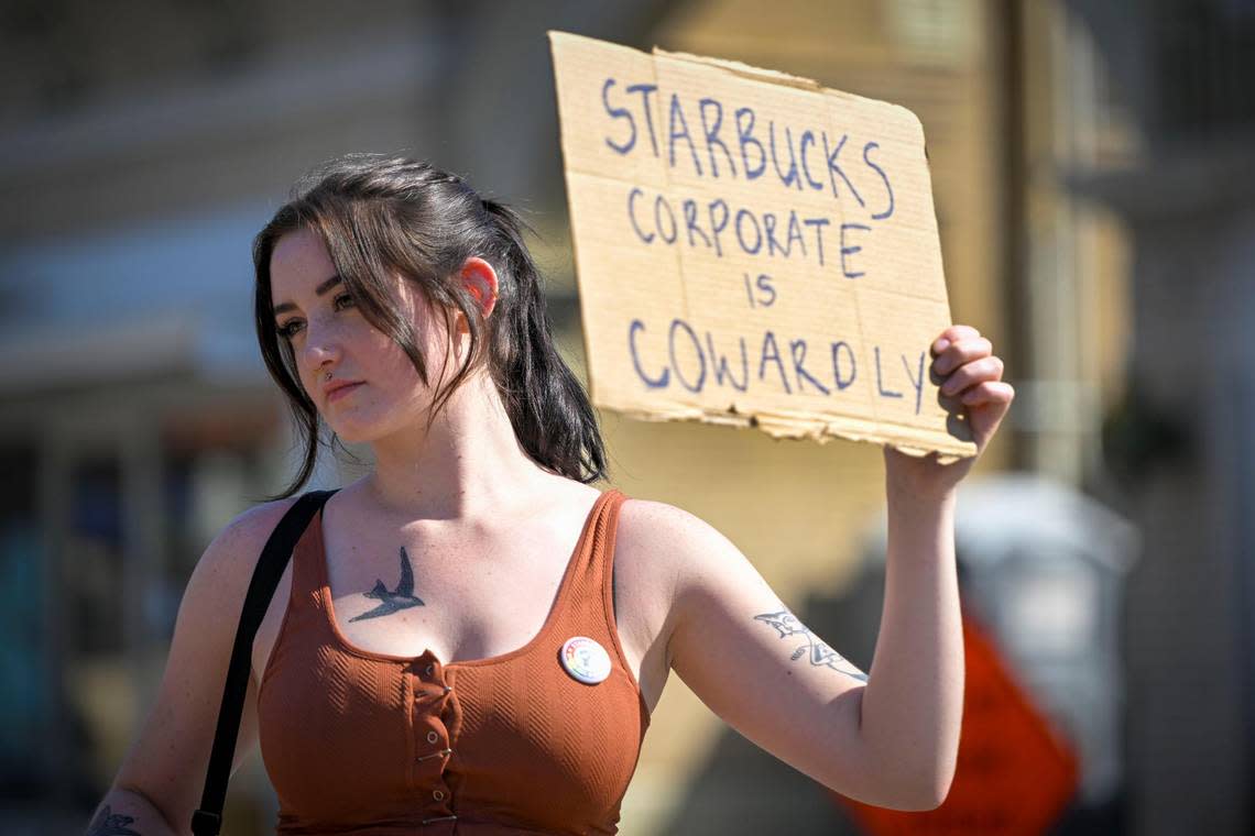 Addy Wright, a Starbucks shift supervisor for the past three years, protested with other employees outside the Plaza Starbucks Wednesday.